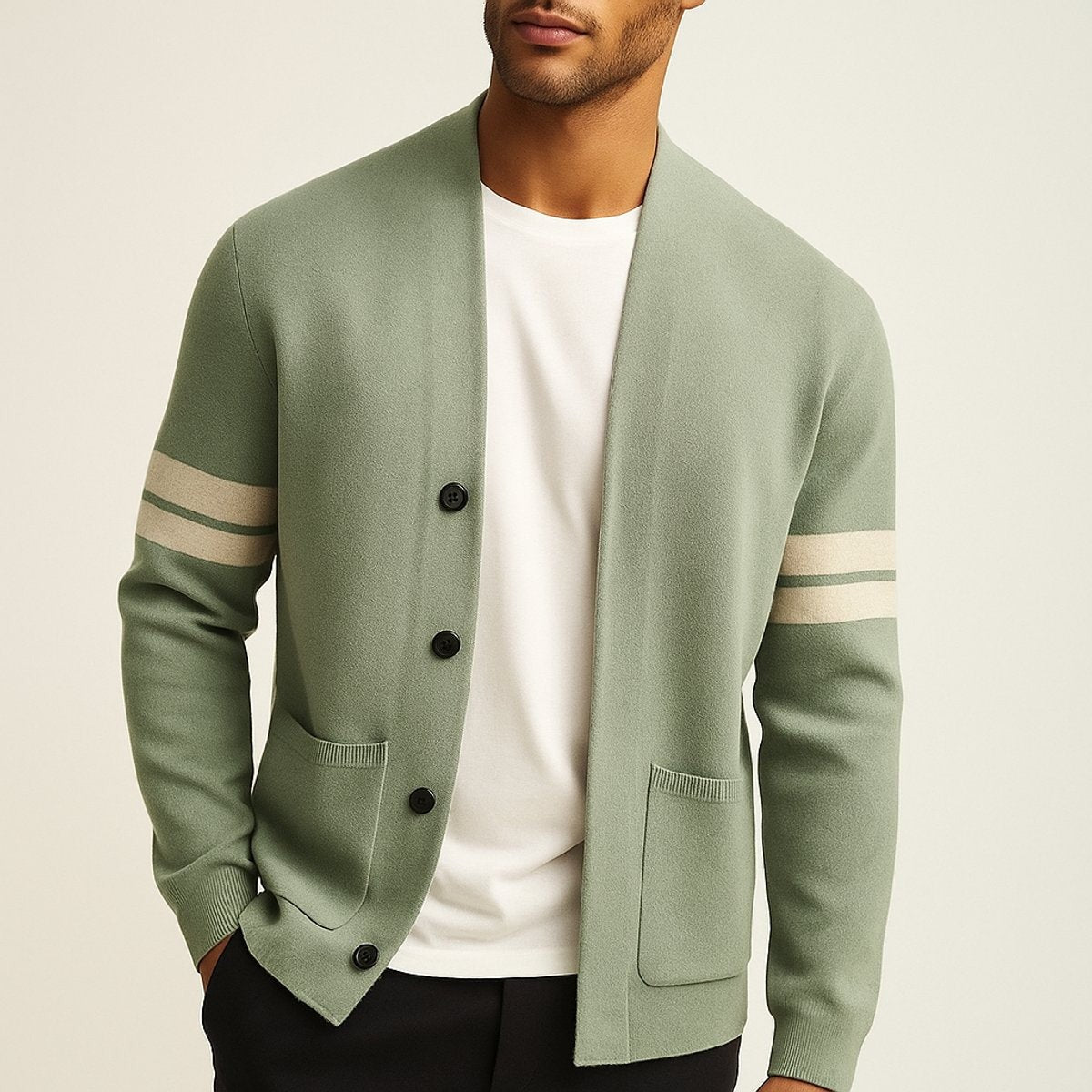 Man wearing sage green knitted cardigan with striped sleeves and patch pockets