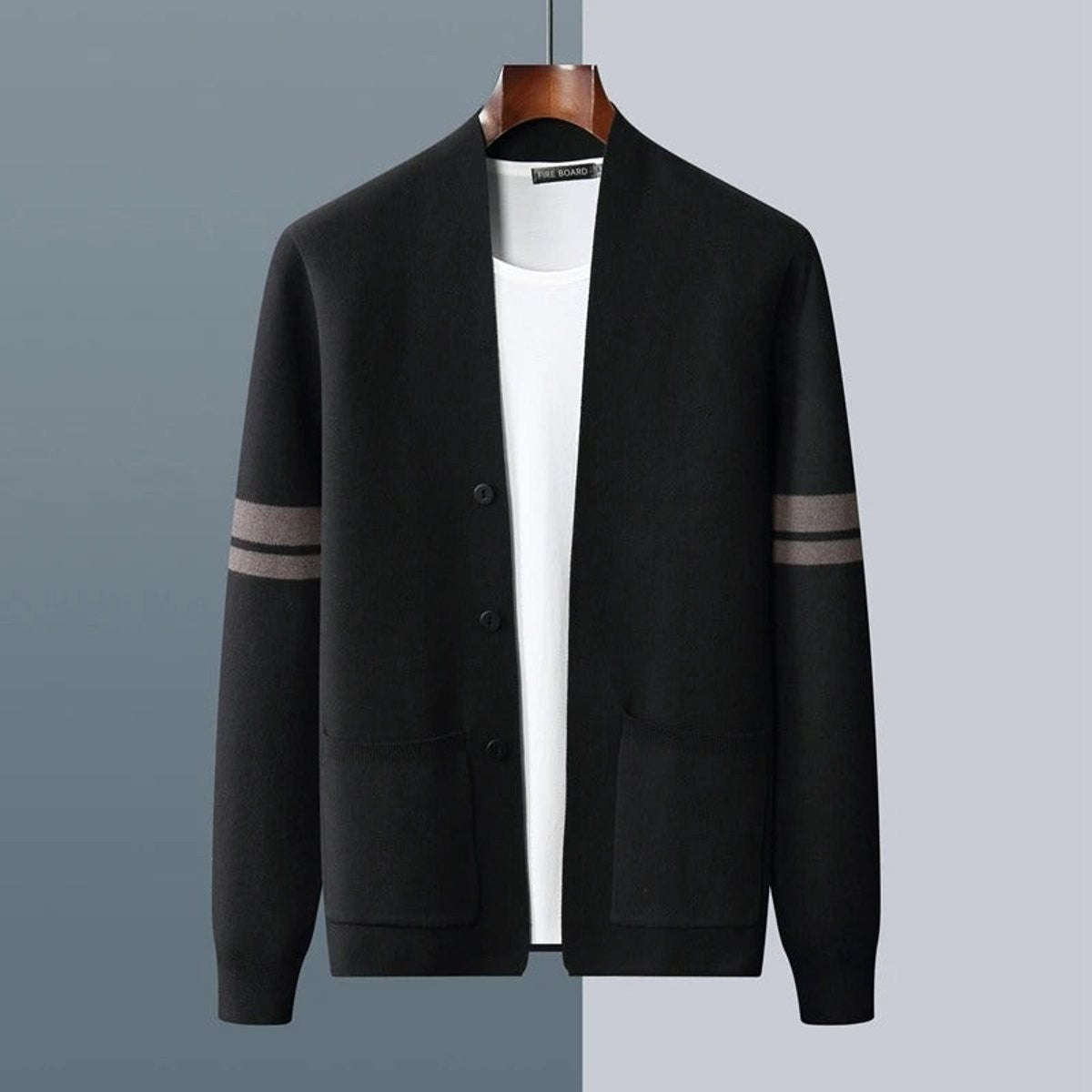 Black button-up cardigan with taupe striped sleeves and front pockets