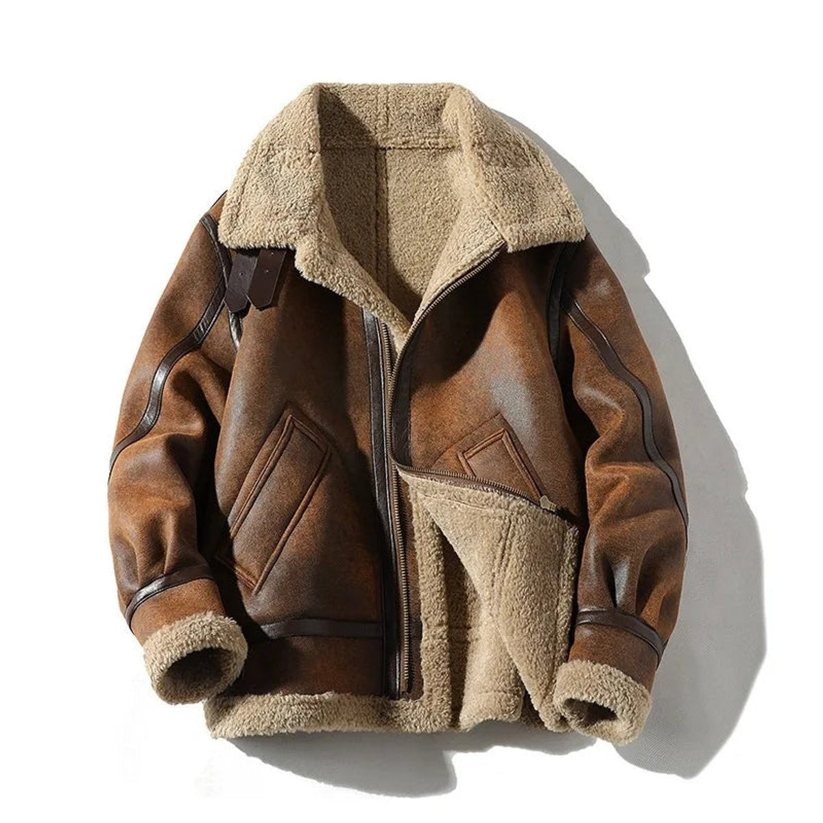brown suede aviator bomber jacket with shearling collar and cuffs, front view