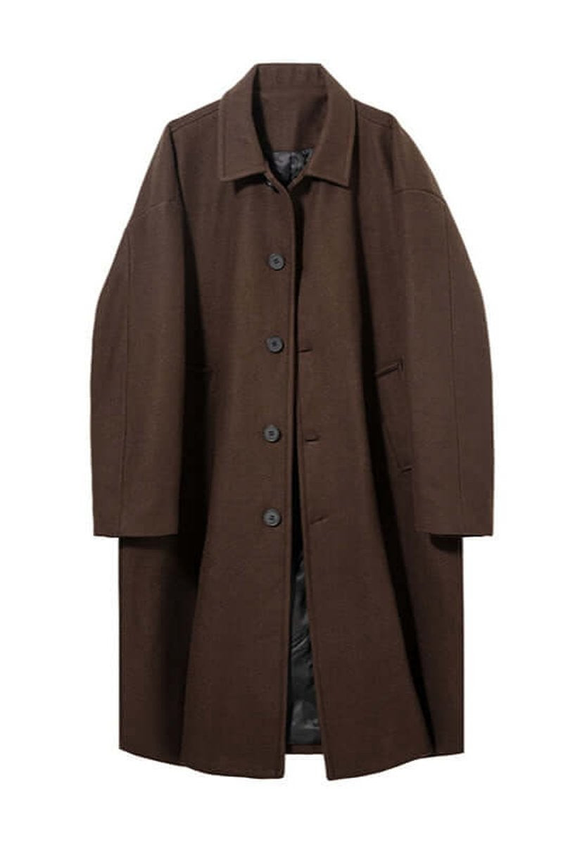 Brown longline men's coat with dropped shoulders shown on white background