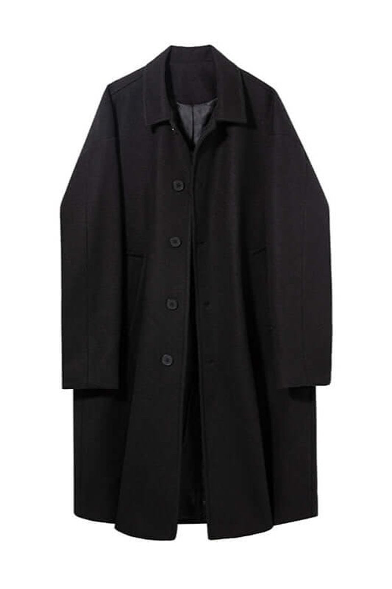 Black longline wool-style coat with dropped shoulders on plain background