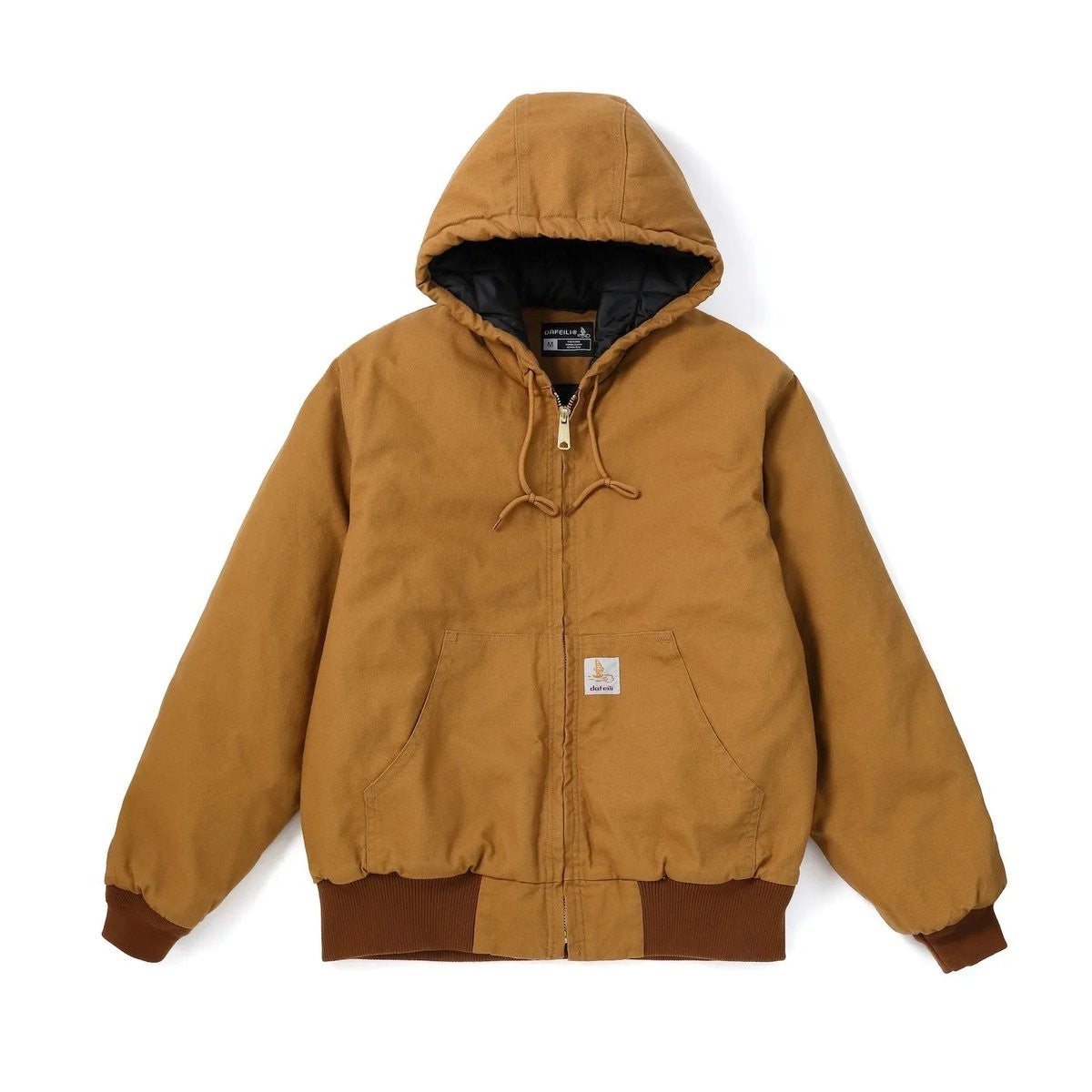 Tan duck canvas hooded workwear jacket with ribbed cuffs and zip fastening
