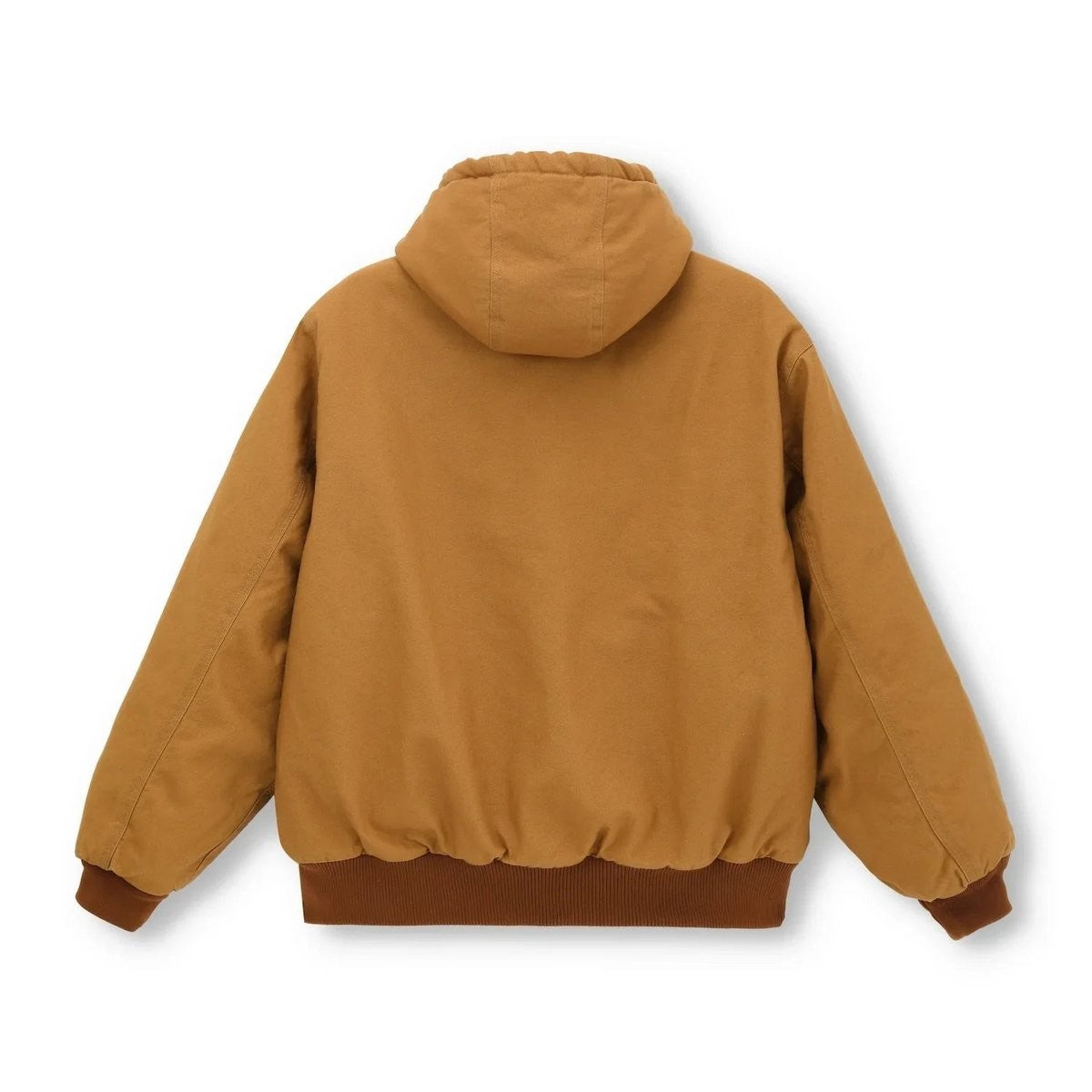 Rear view of tan canvas hooded jacket showing ribbed hem and relaxed fit