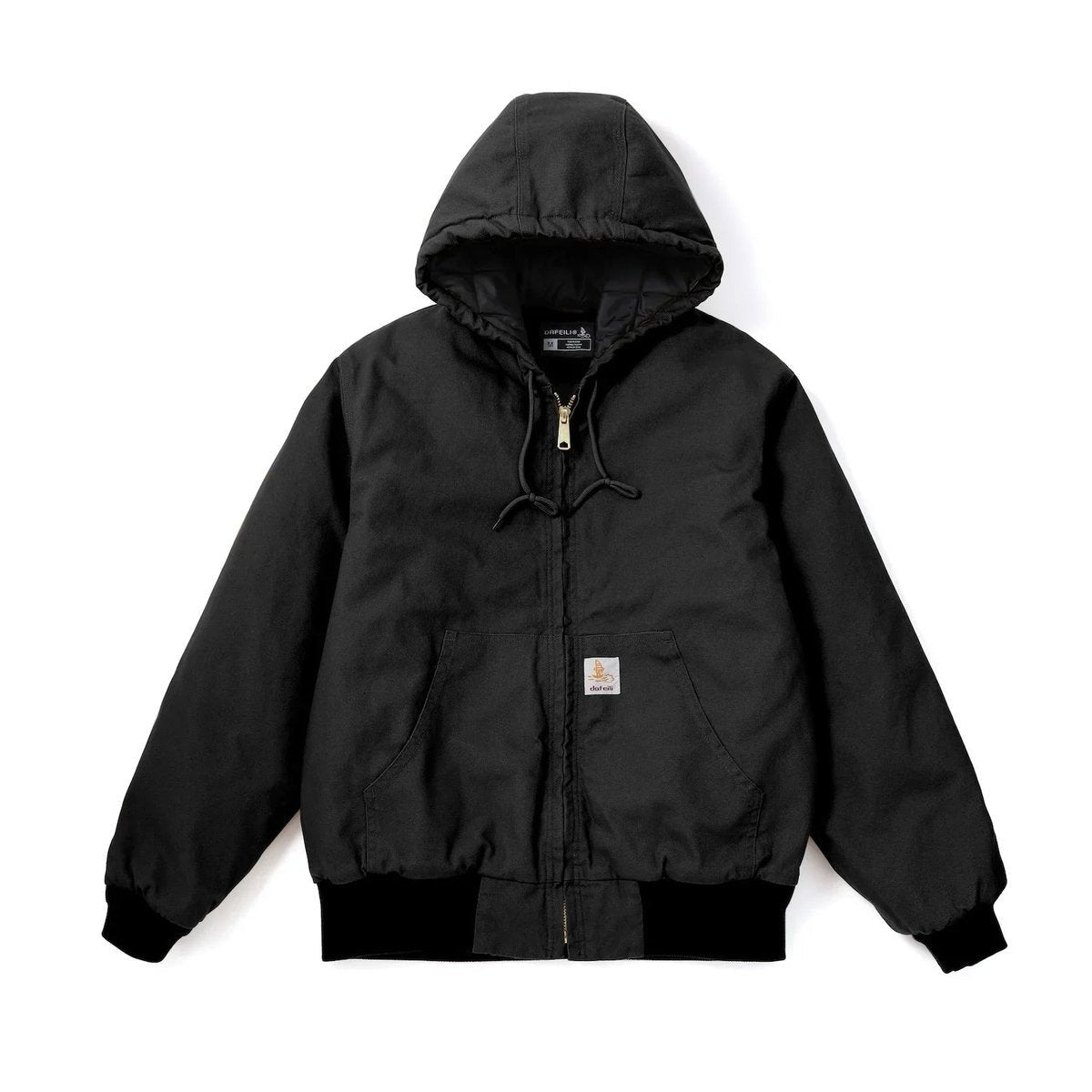 Black heavy duck canvas hooded jacket with front pockets and ribbed trim
