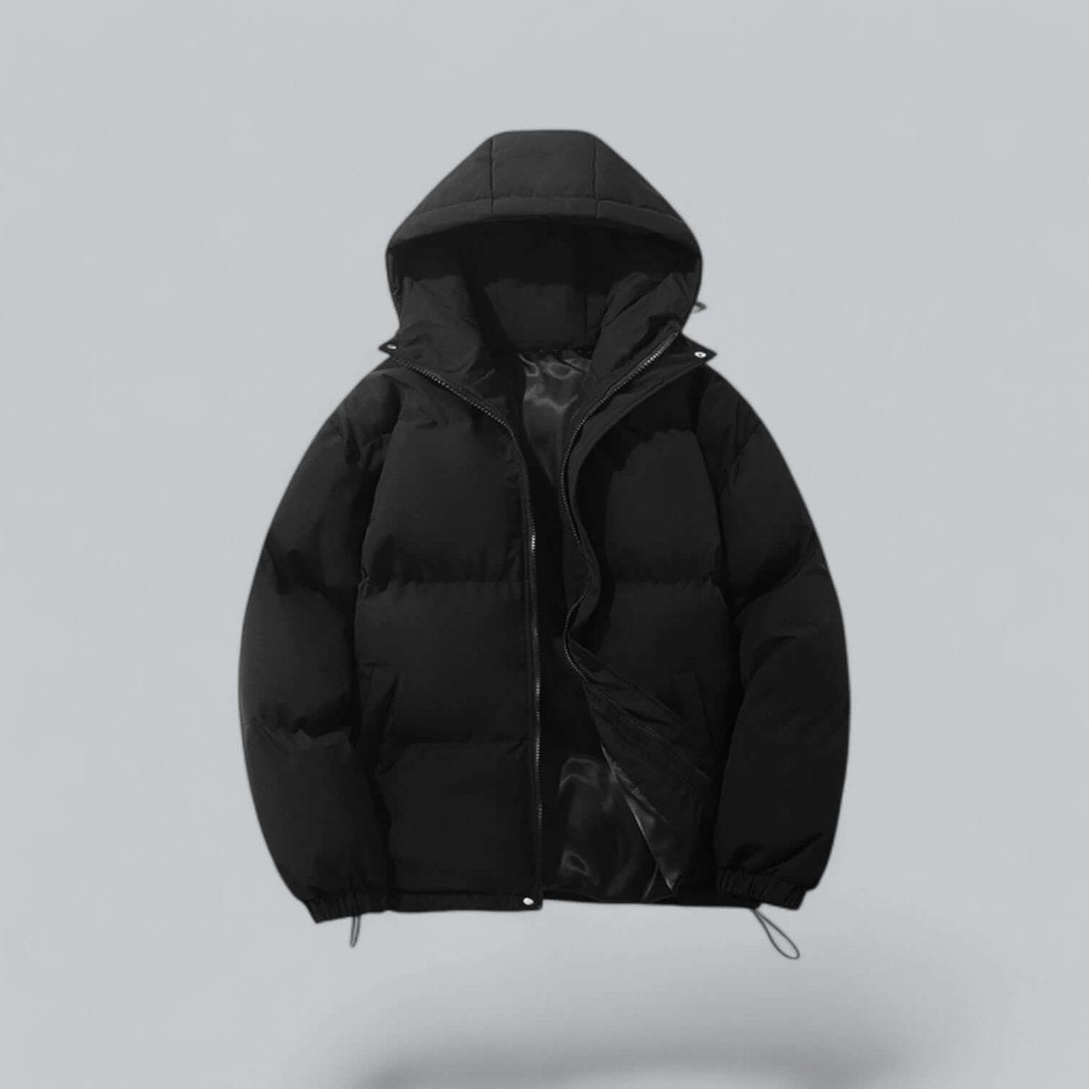 Black hooded puffer jacket with zip fastening and elasticated cuffs