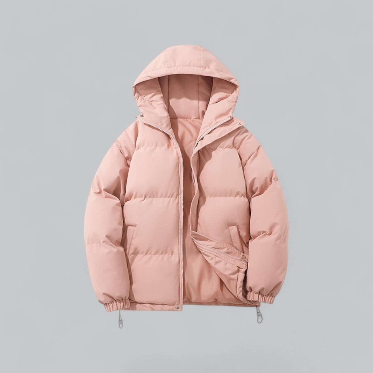 Pink hooded puffer jacket with quilted finish and elasticated cuffs