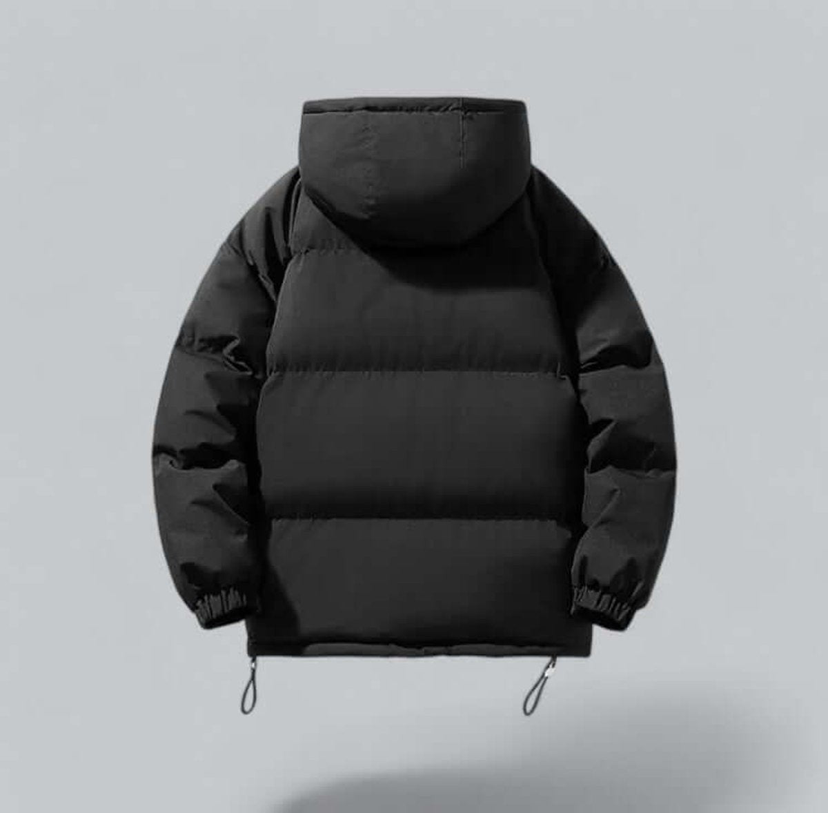 Rear view of black quilted puffer jacket with drawstring hem