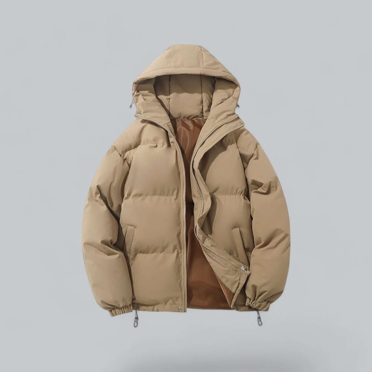Khaki hooded puffer jacket with quilted panels and zip pockets