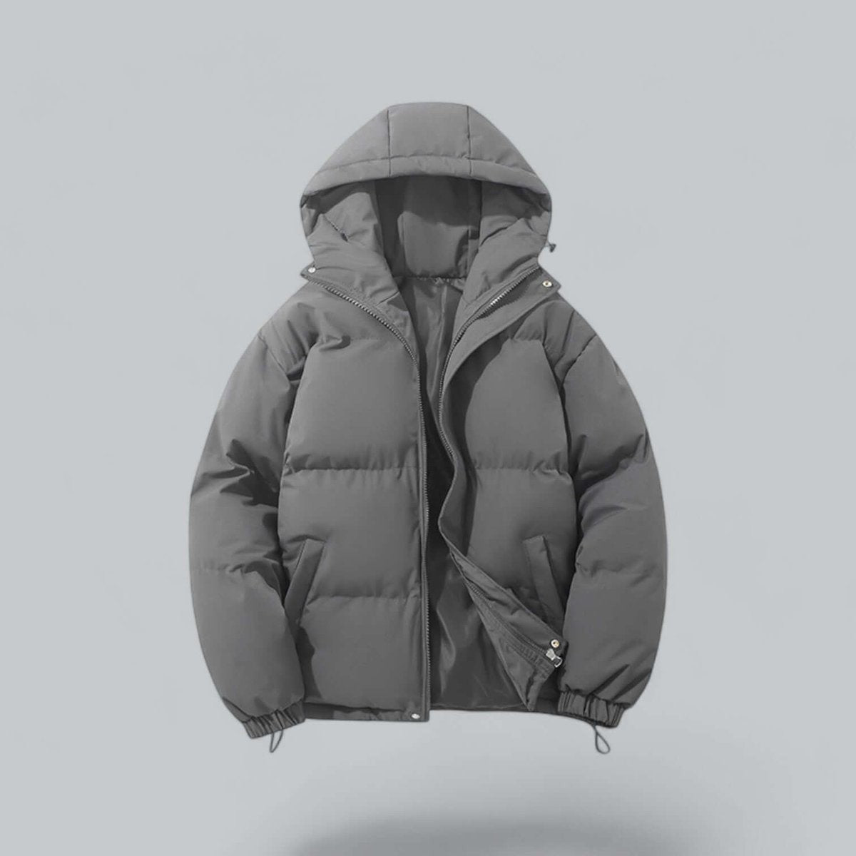 Grey hooded puffer jacket with contrast lining and drawstring hem