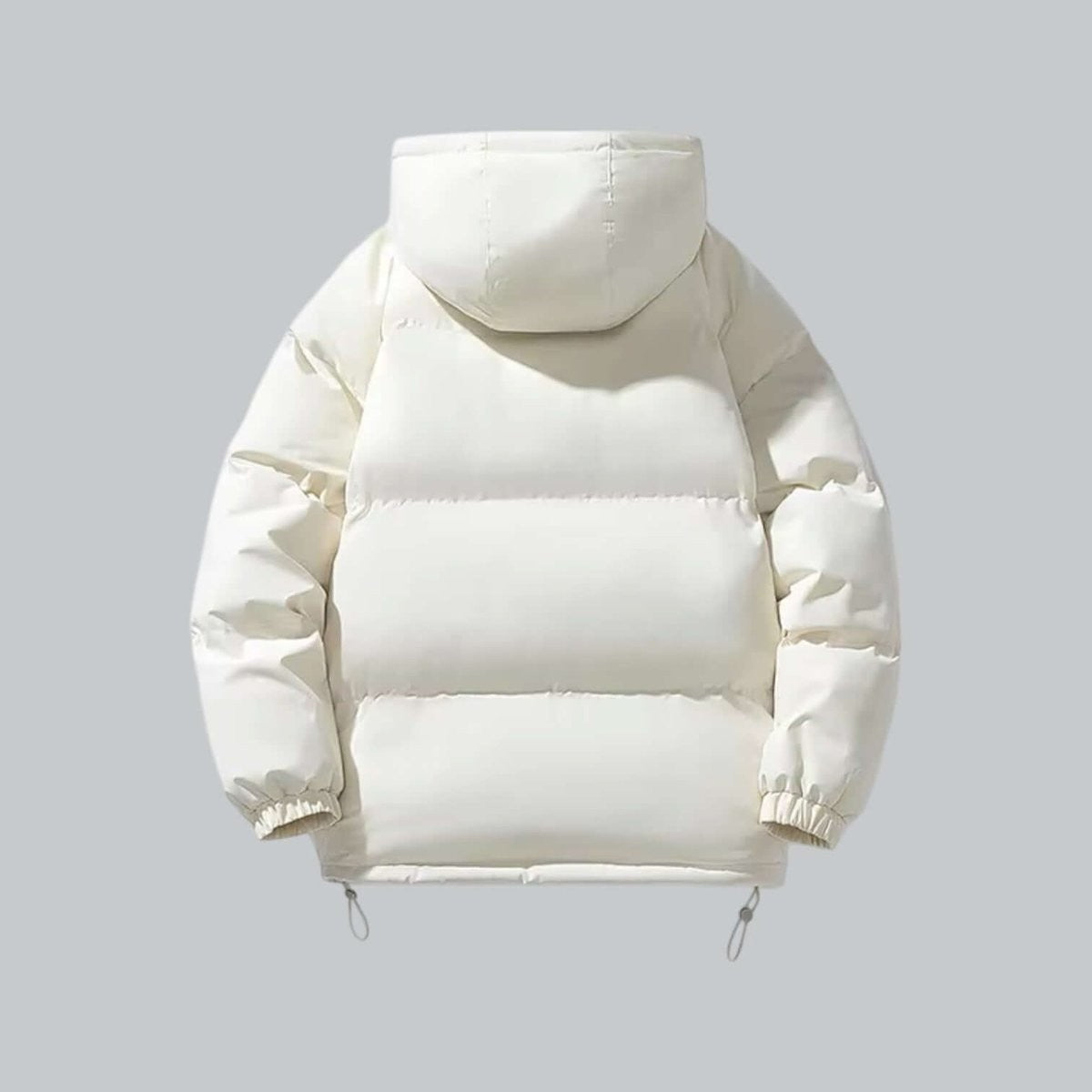 Rear view of cream quilted puffer jacket with adjustable drawstrings