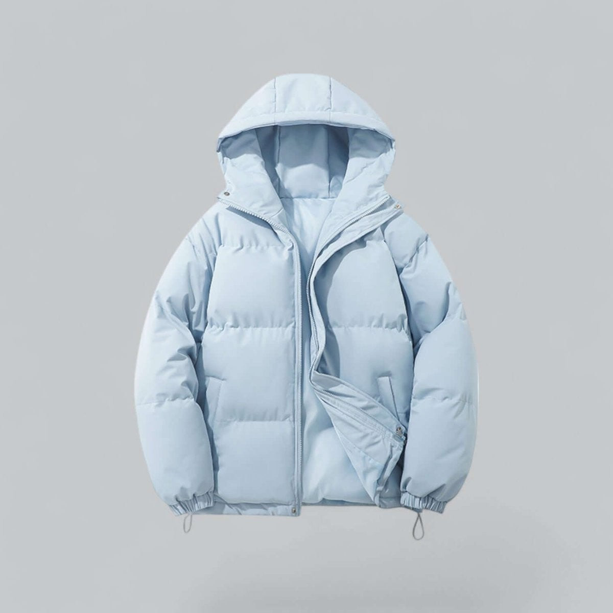 Pale blue hooded puffer jacket with quilted design and zip pockets