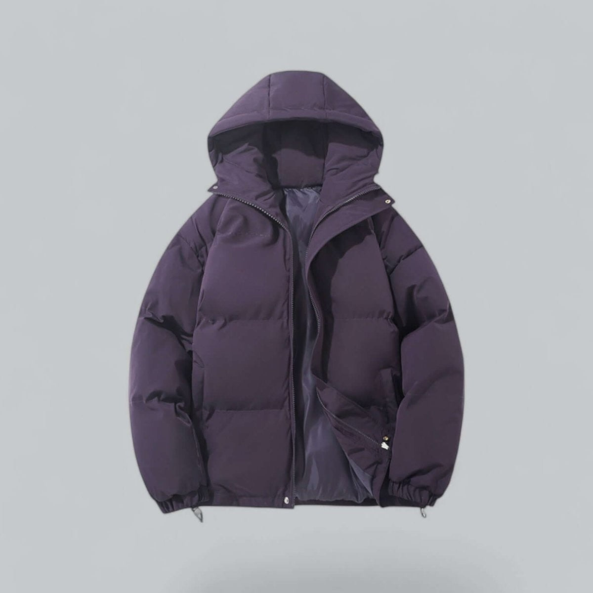 Deep purple hooded puffer jacket with quilted panels and full zip
