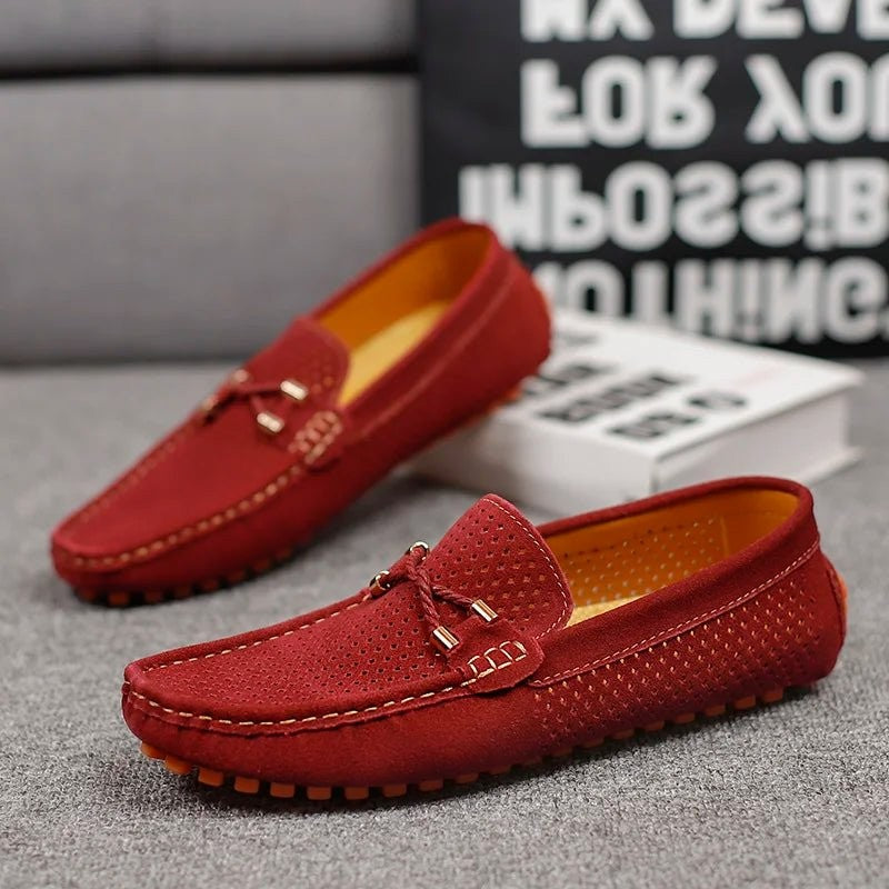 Wine red suede perforated driving loafers with tan stitching and bow detail