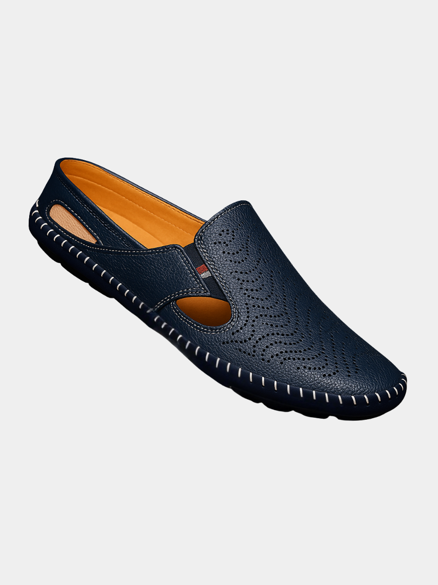 Navy perforated leather men's sandals with hand-stitched contrast edging