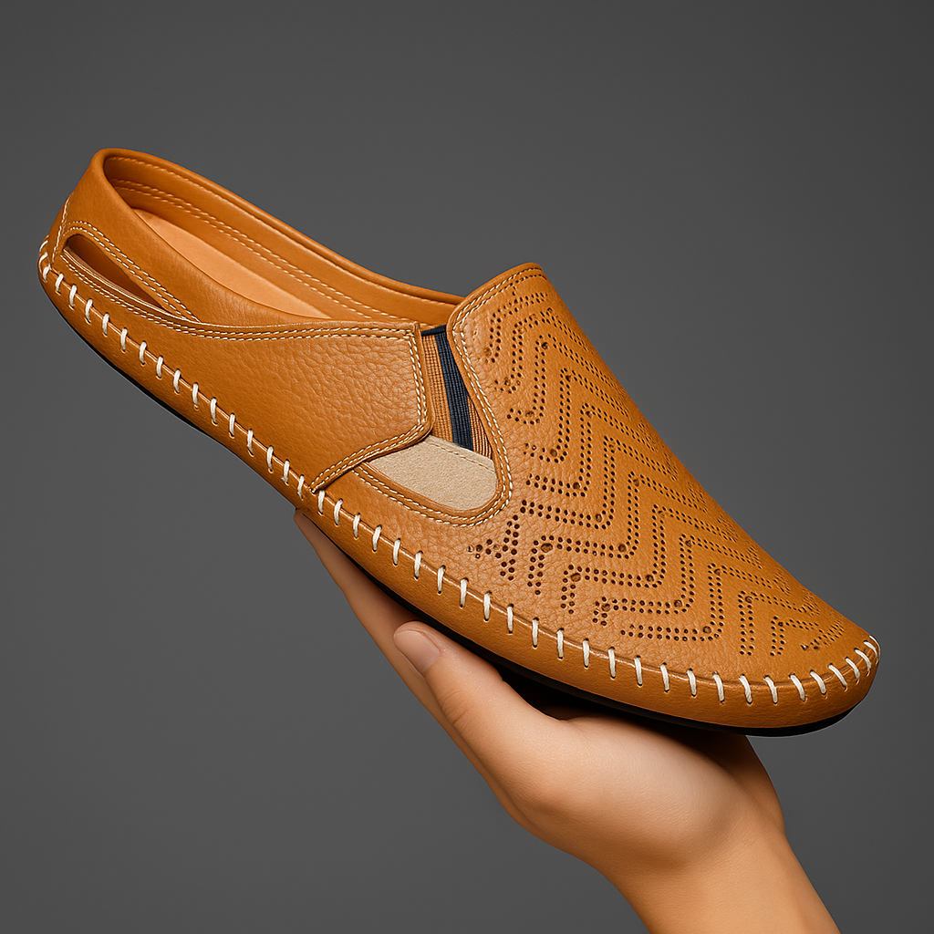 Tan leather perforated sandals with hand-stitched trim and elastic gusset