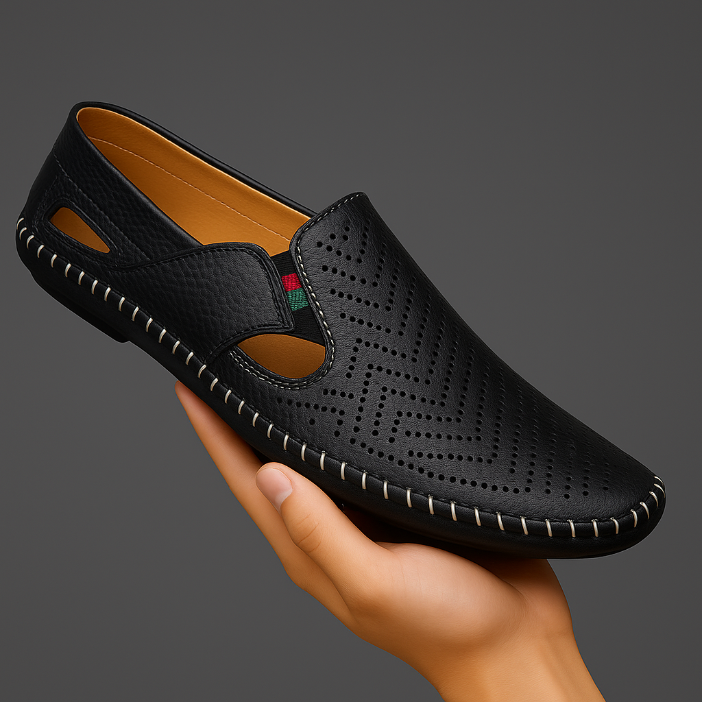 Black perforated leather sandals with hand-stitched sole and side cut-outs
