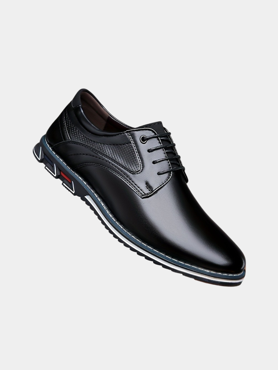 Black leather lace-up shoe with perforated panel and contrast stitched sole