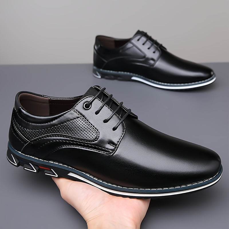 Black leather lace-up shoes paired with textured side panelling