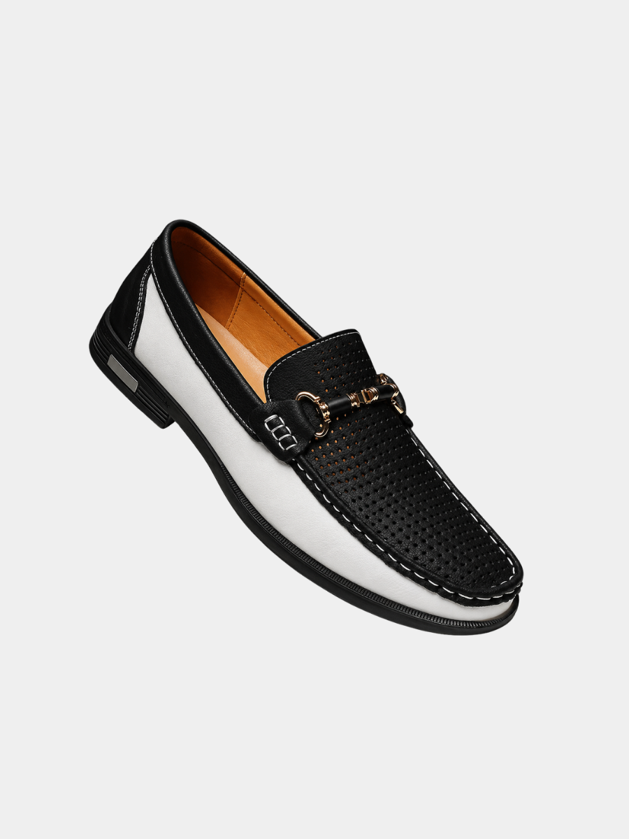 Black and white perforated leather loafers with gold snaffle-bar trim