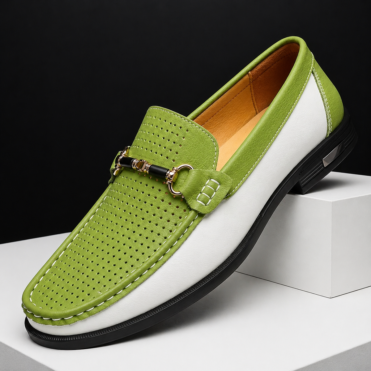 Green and white perforated leather loafers with gold buckle detail
