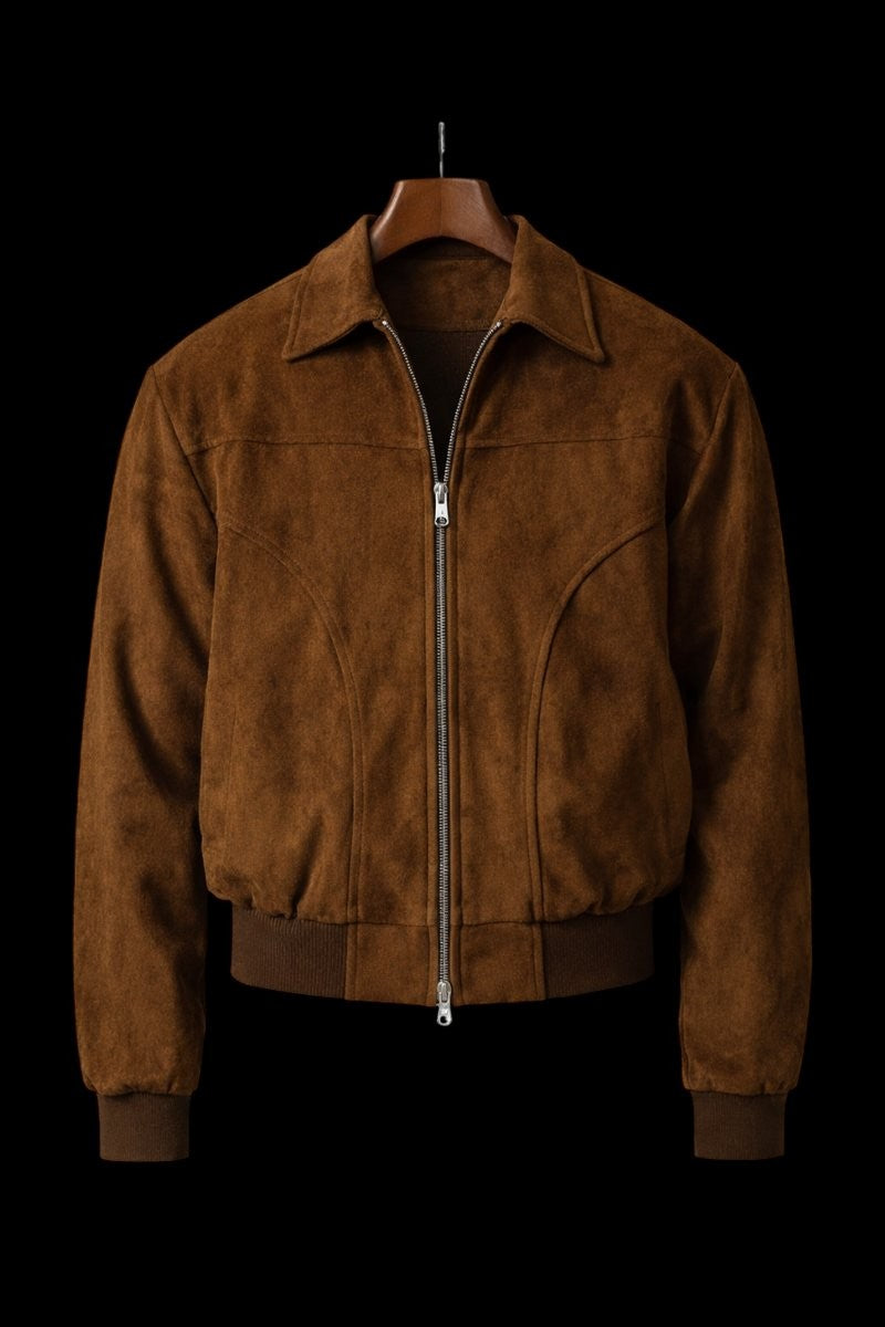 Tan suede bomber jacket with pointed collar and ribbed hem, full-zip flight coat