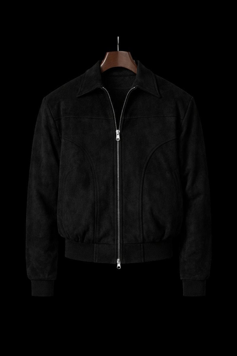 Black suede bomber jacket featuring pointed collar and silver full-zip fastening
