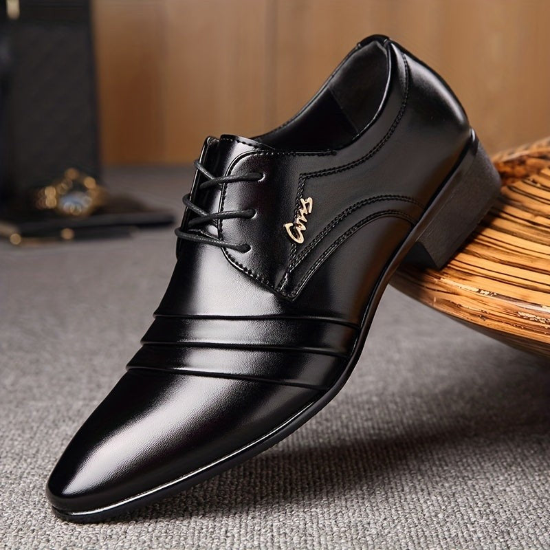 Black PU leather lace-up shoe with pleated toe cap design