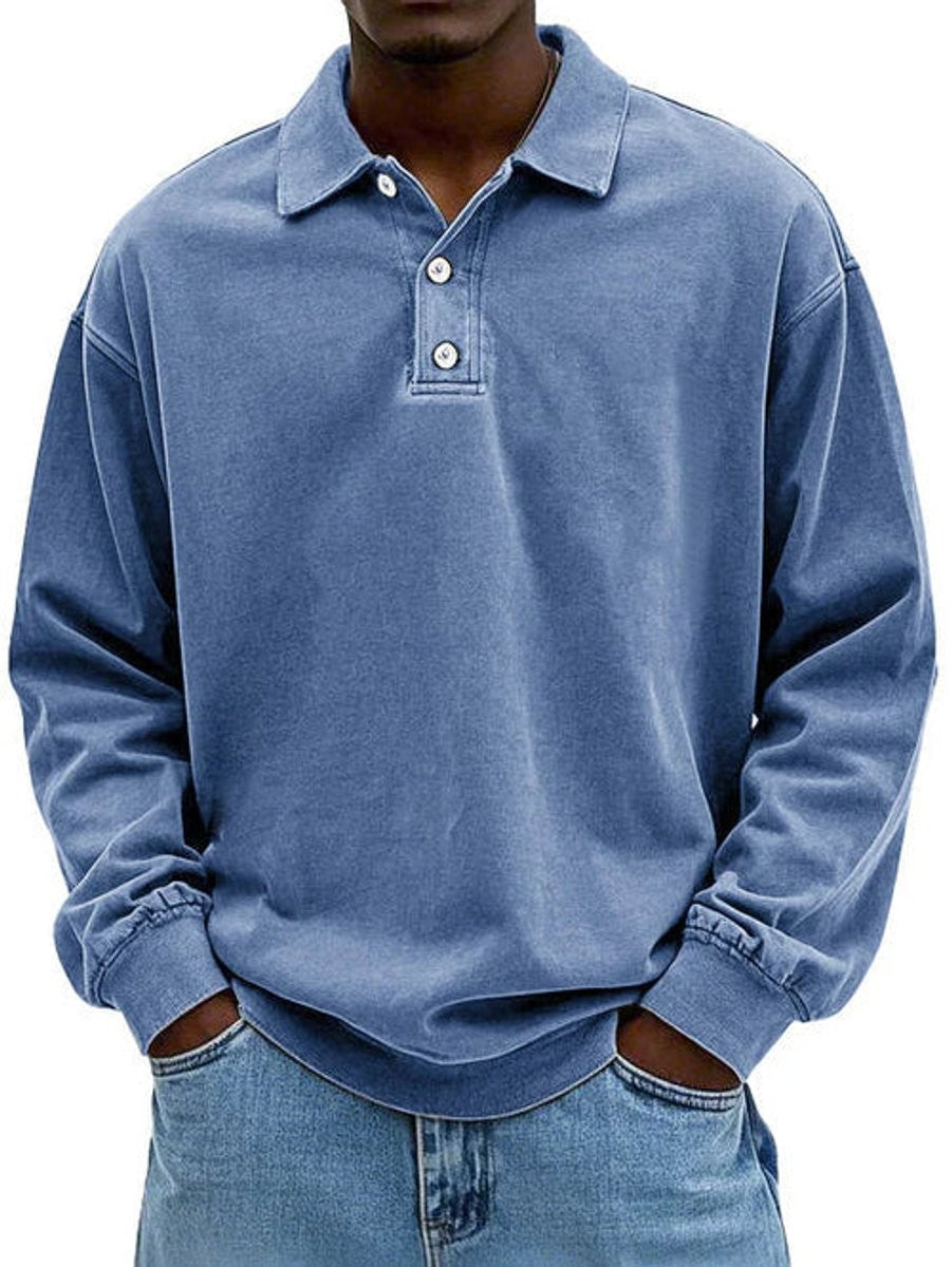 Blue washed-effect long-sleeve polo sweatshirt with button placket, relaxed fit