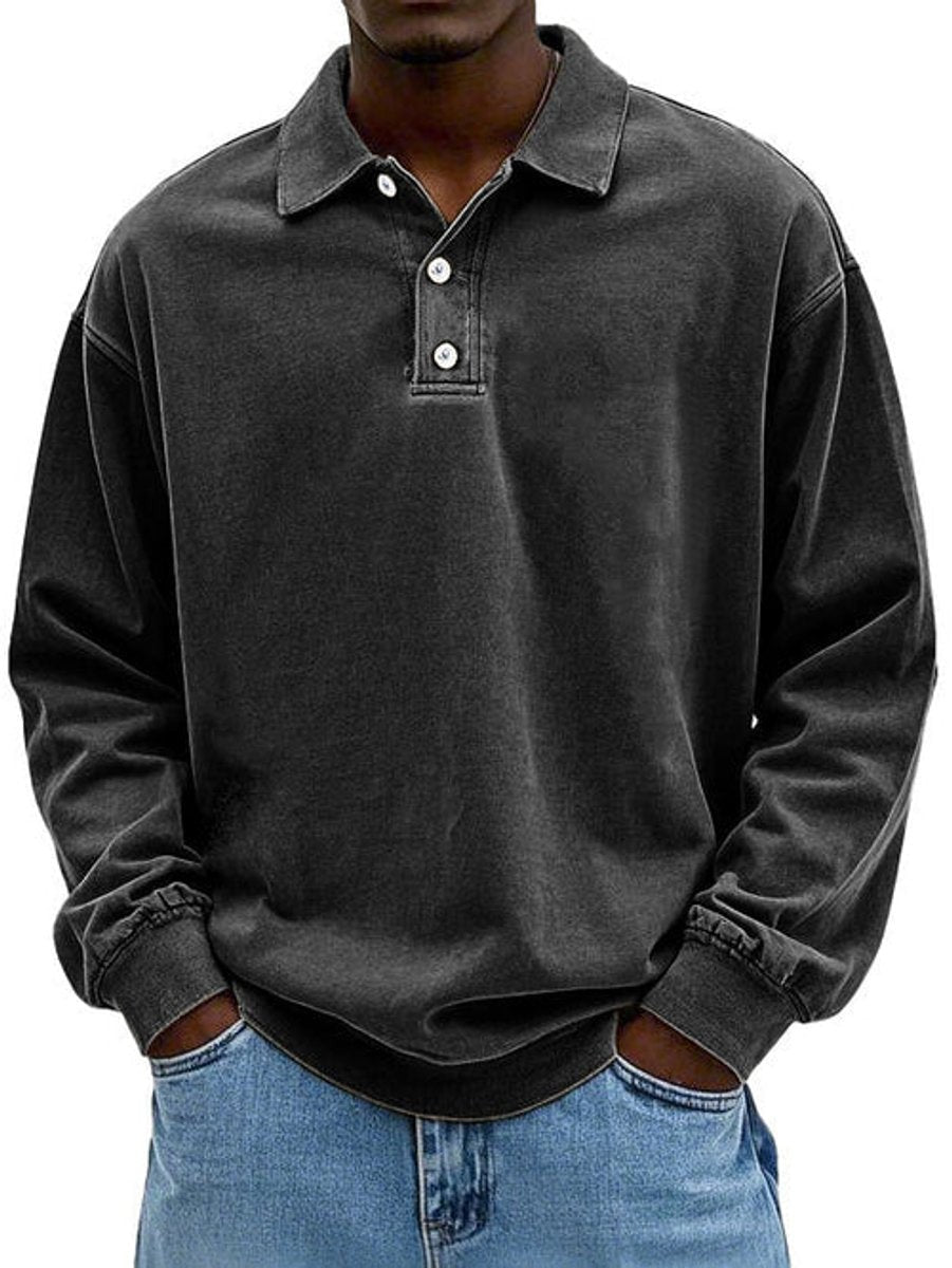 Charcoal grey long-sleeve polo sweatshirt with collared button front