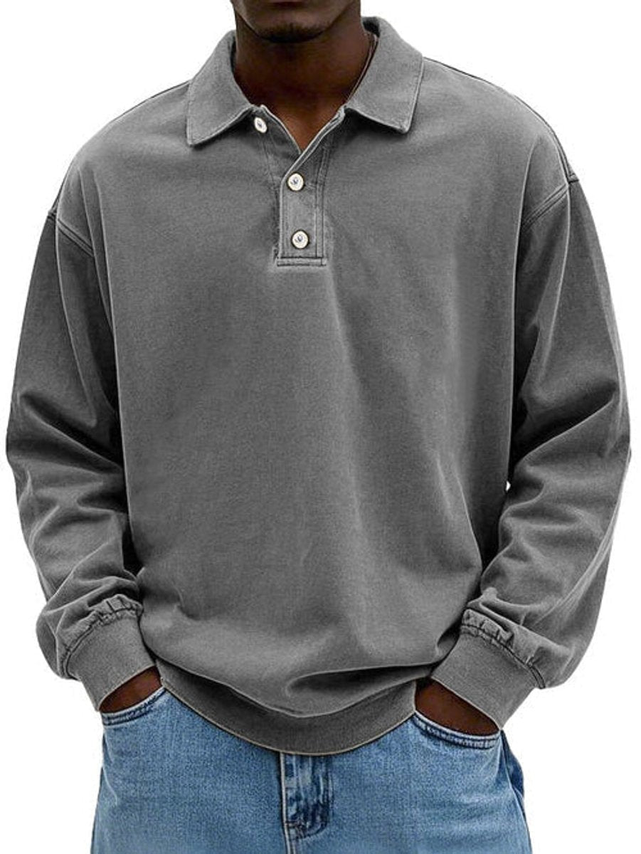 Grey washed-effect long-sleeve polo sweatshirt with collared button neckline