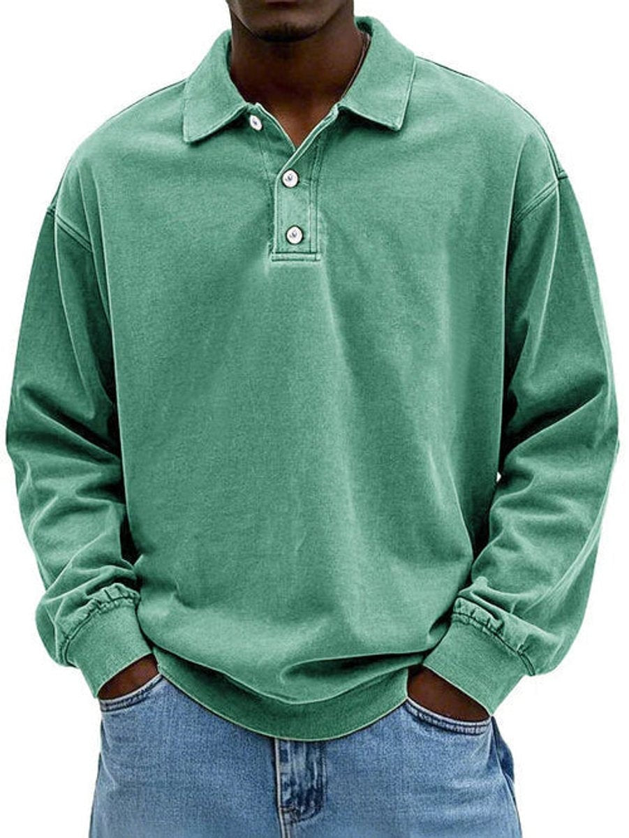 Sage green long-sleeve polo sweatshirt with two-button placket, oversized fit