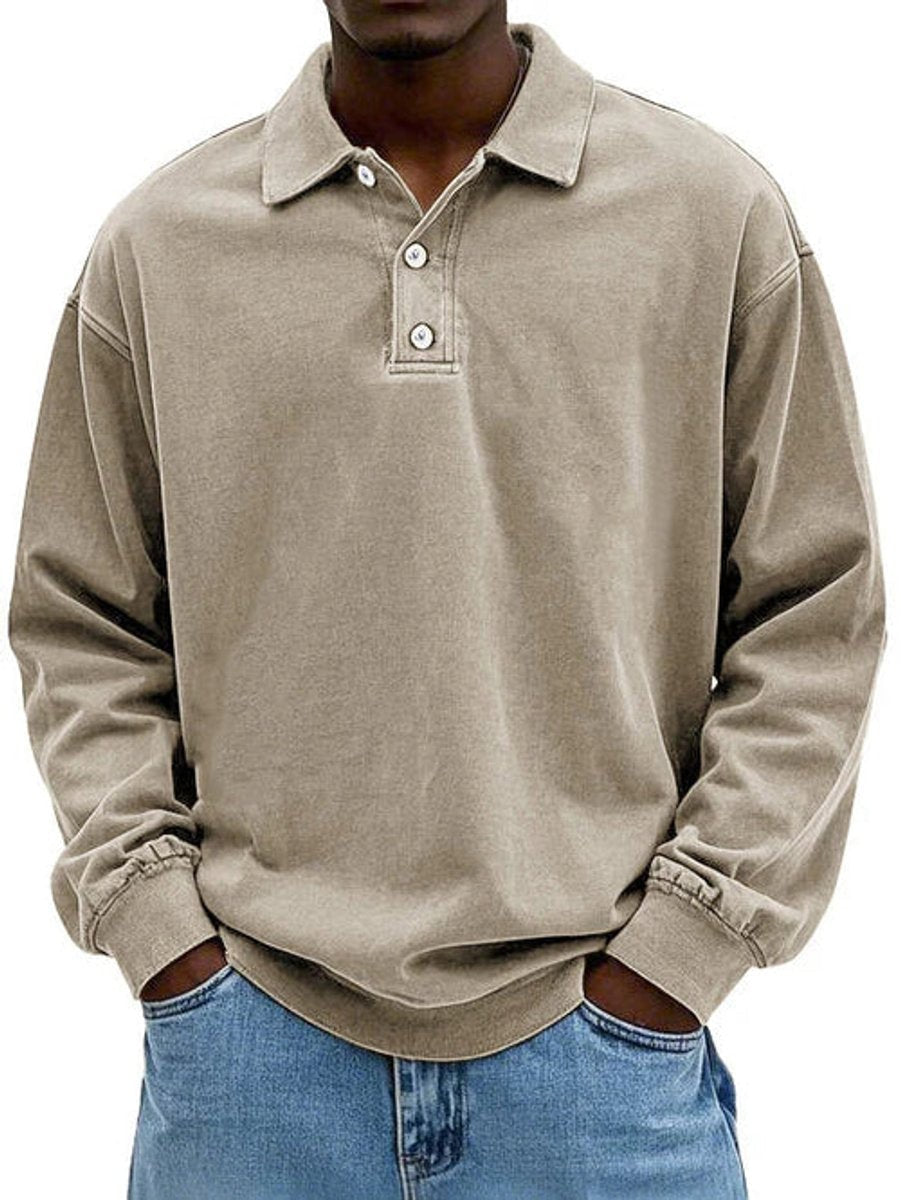 Beige washed-effect polo sweatshirt with collar and drop-shoulder styling