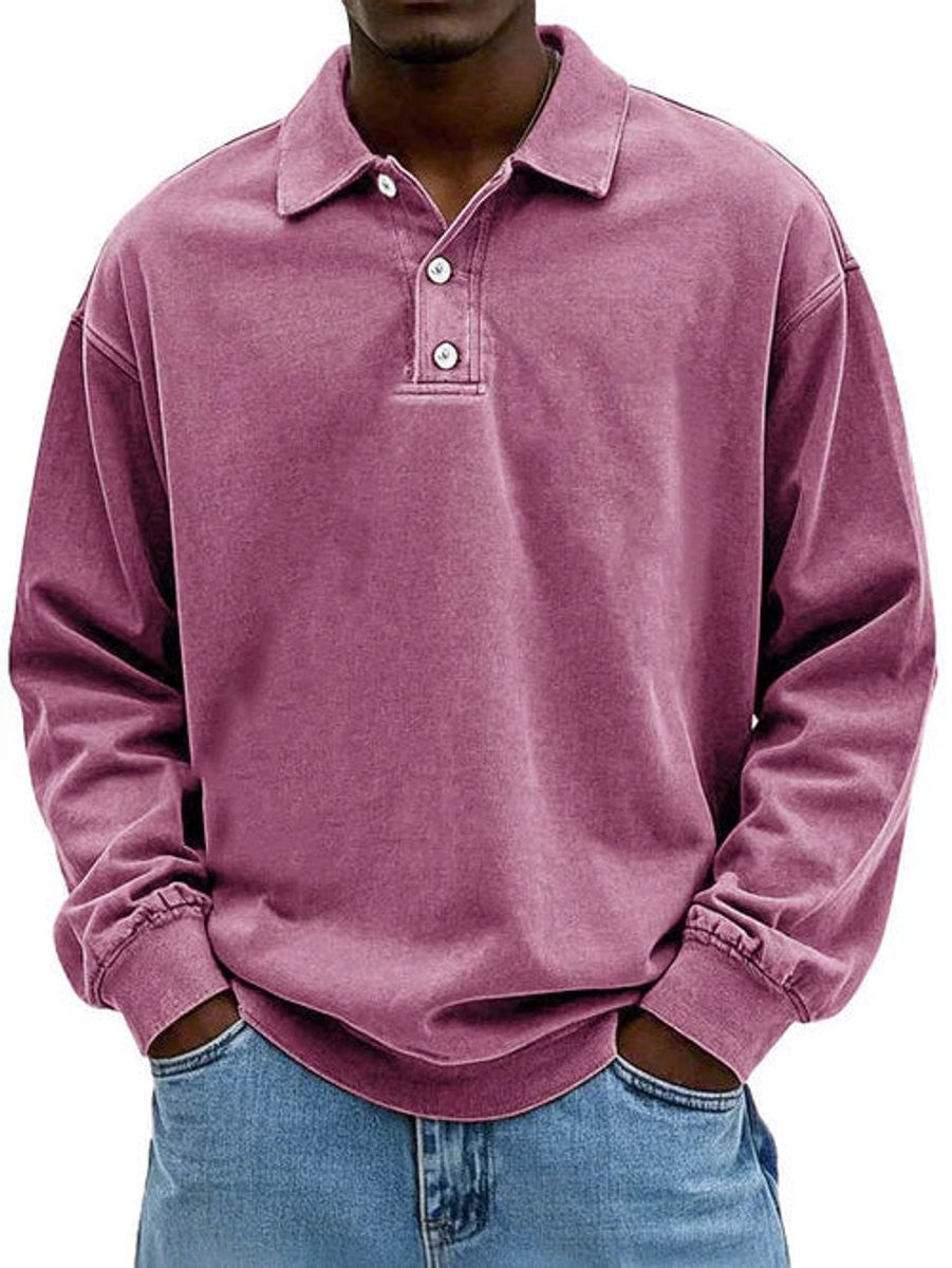 Dusty rose long-sleeve polo sweatshirt with button placket, casual jumper