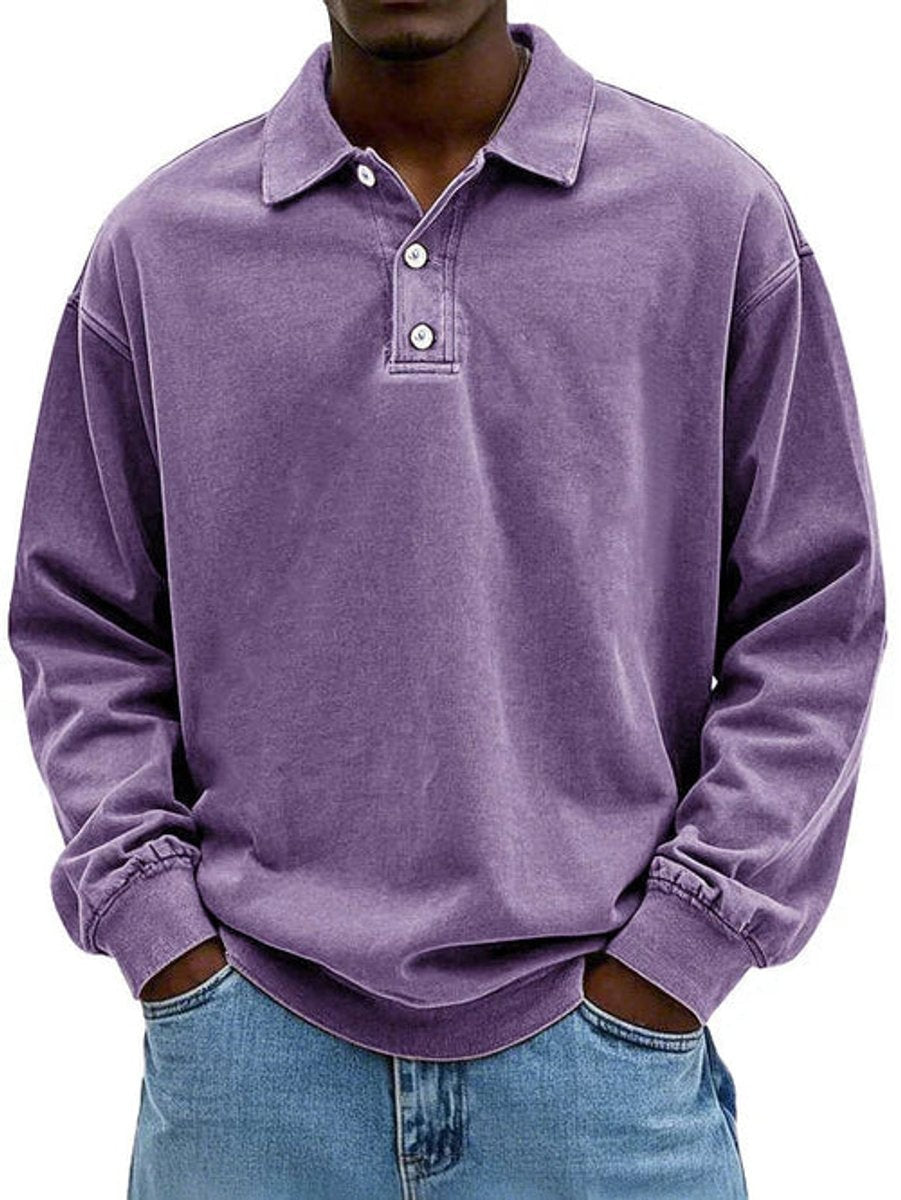 Muted purple washed polo sweatshirt with collared neckline, relaxed silhouette
