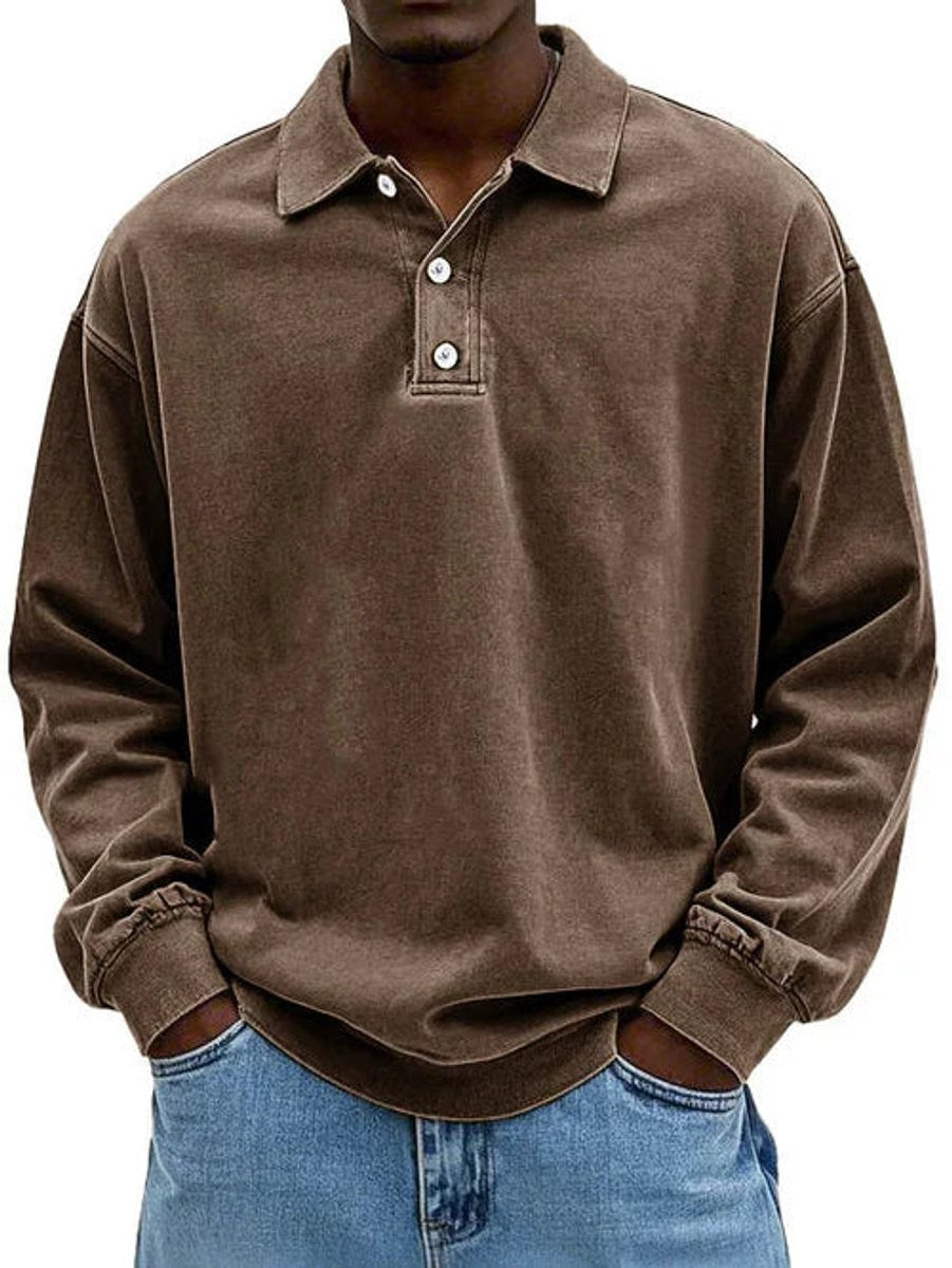 Brown washed-effect long-sleeve polo sweatshirt with buttoned collar detail