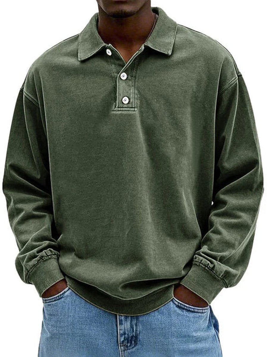 Olive green polo sweatshirt with collar and button placket, loose fit