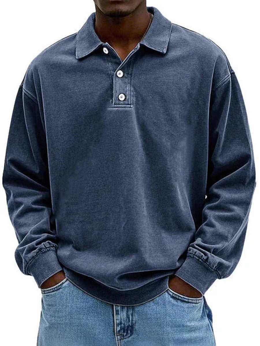 Slate blue washed polo sweatshirt with drop shoulders and button neckline