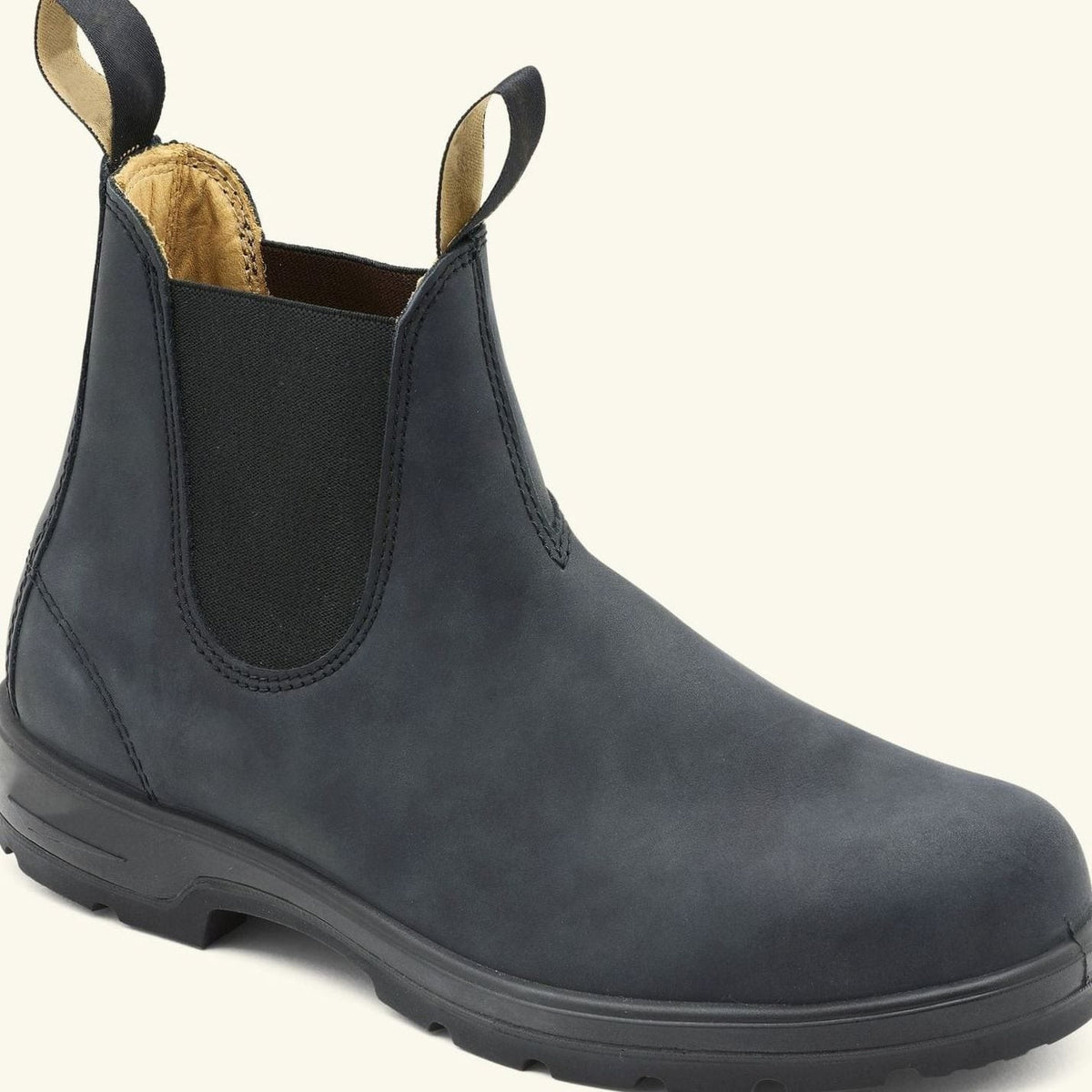 Rustic black leather Chelsea boots with elastic side panel and pull tabs