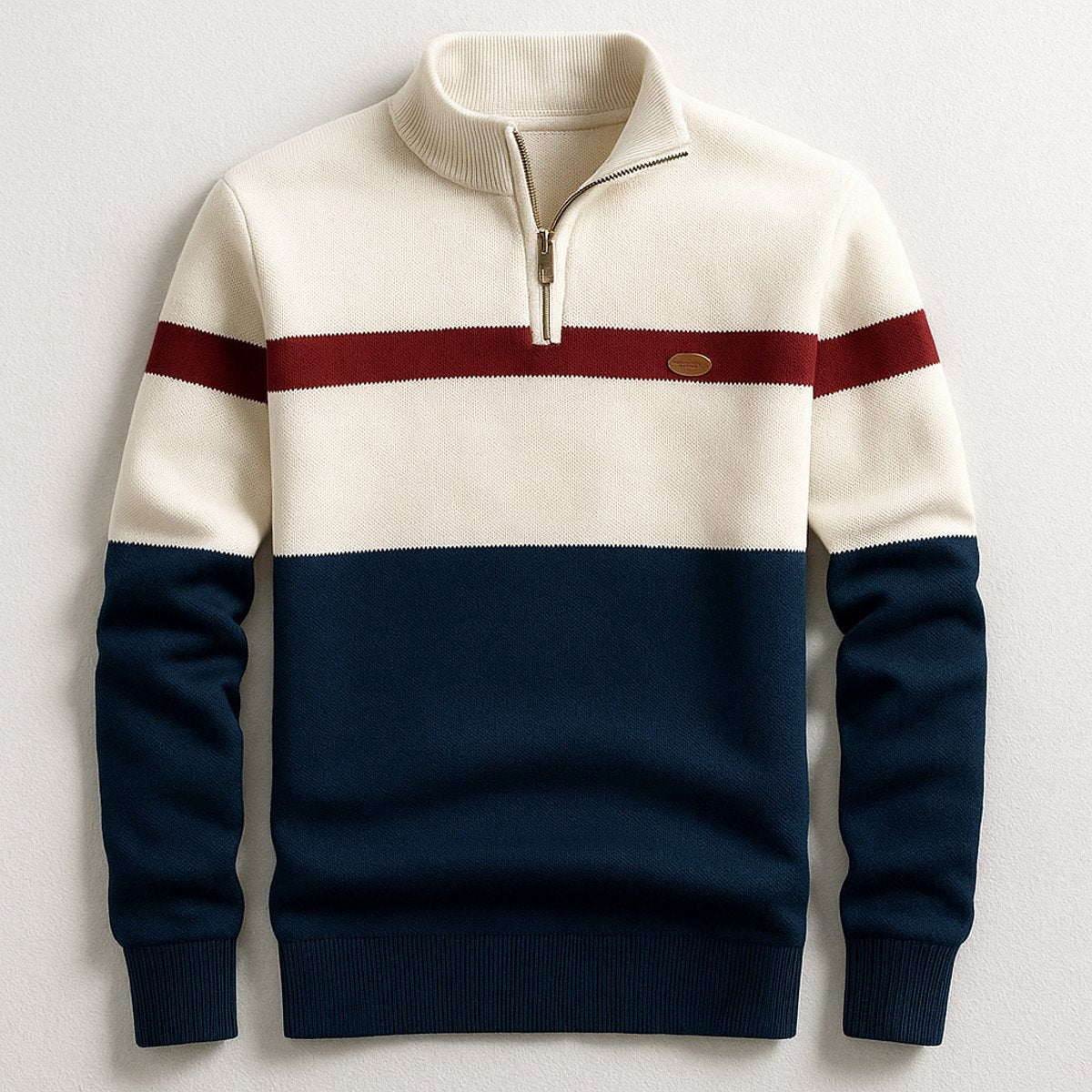 Cream and navy quarter-zip jumper with bold burgundy contrast stripe