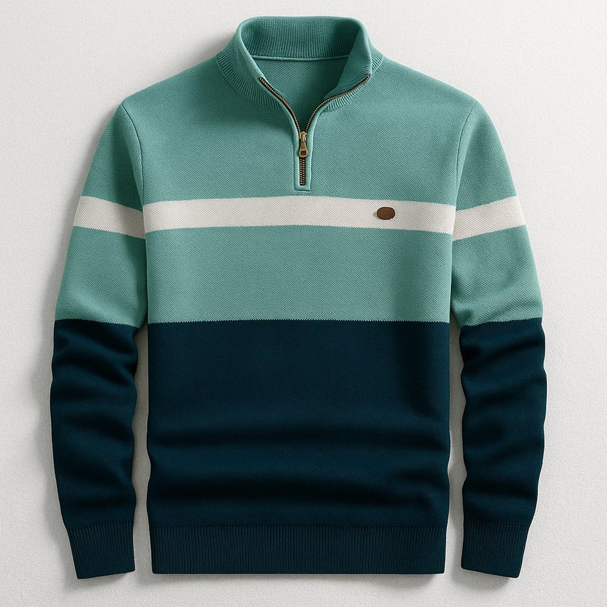 Sage green colour-block quarter-zip jumper with cream stripe detail