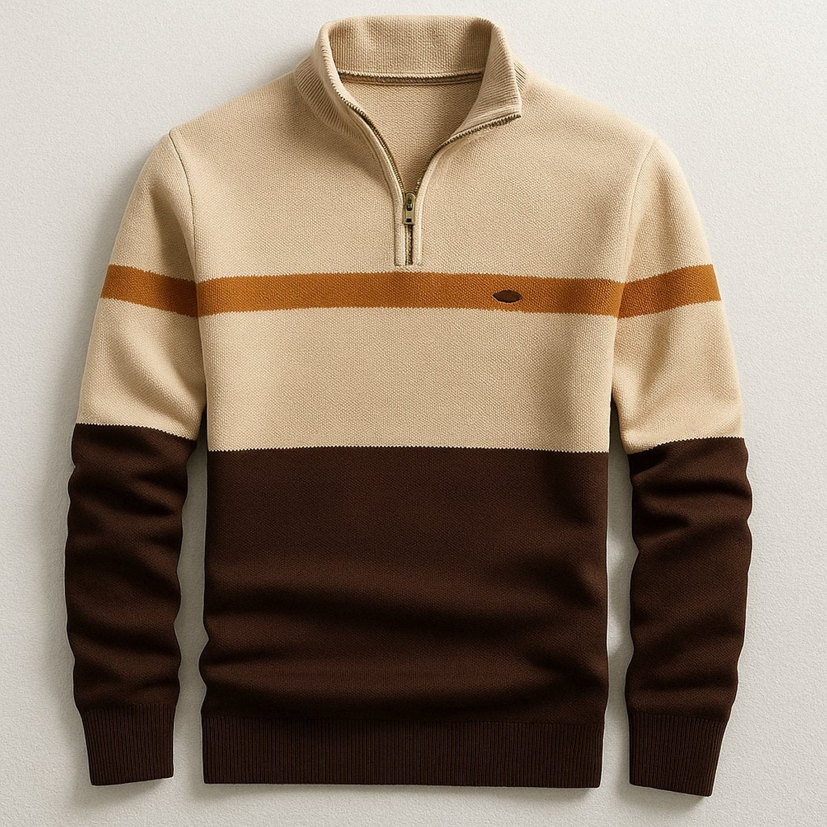 Beige and brown quarter-zip jumper with mustard contrast stripe