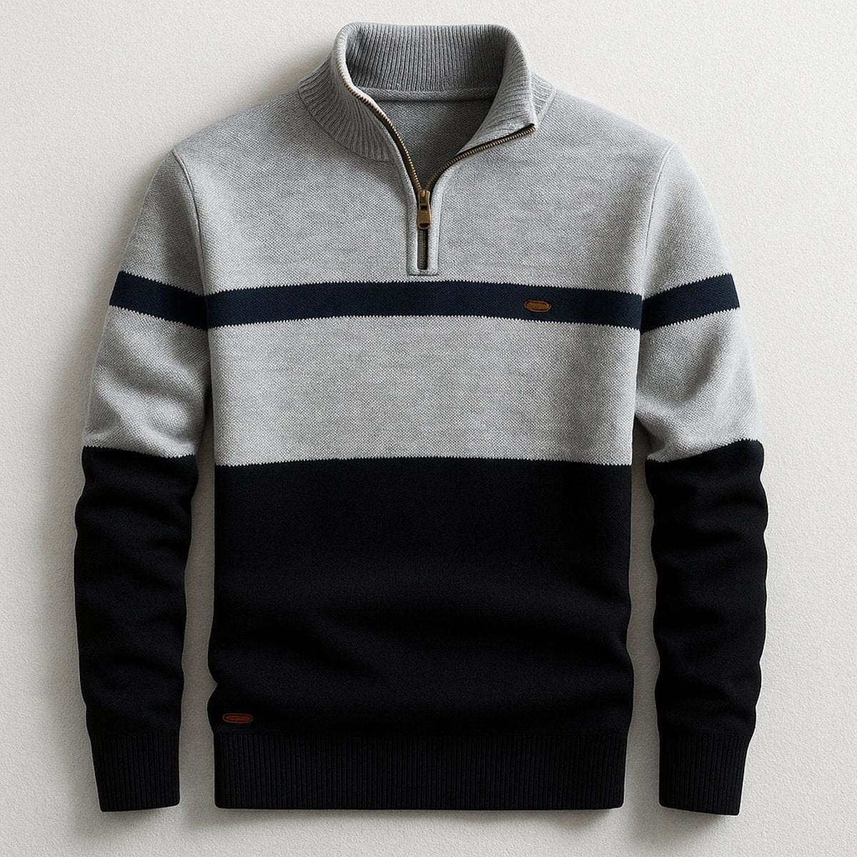 Grey marl and black quarter-zip jumper with navy stripe accent