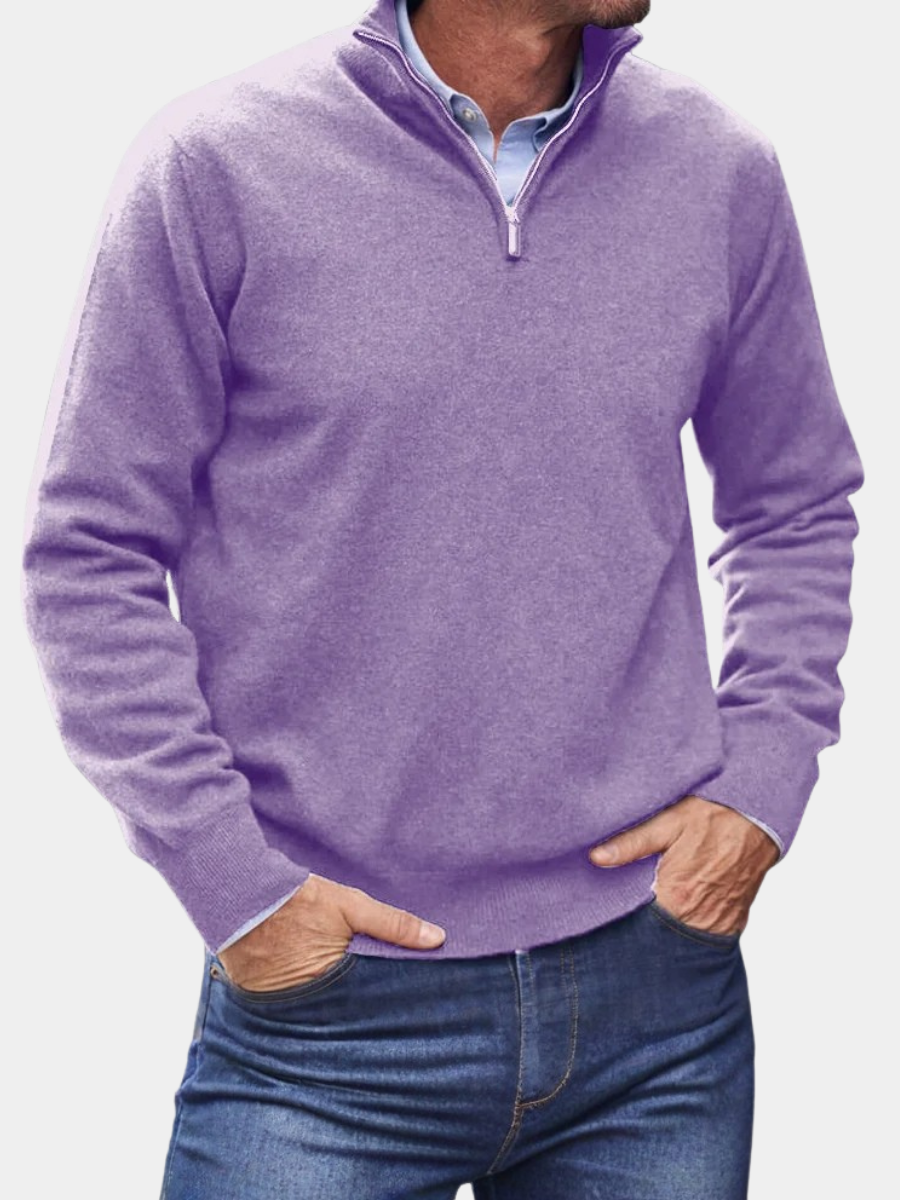Men's lilac quarter-zip jumper layered over a light blue shirt collar