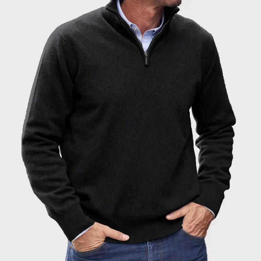 Black quarter-zip knit jumper layered over a light blue collared shirt