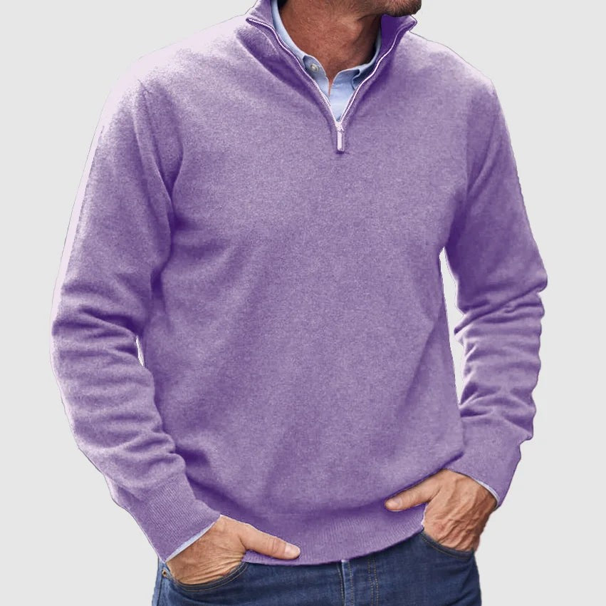 Lilac quarter-zip knit jumper worn with denim jeans, close-up view