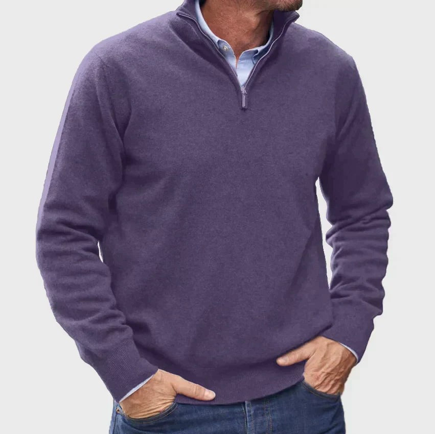Heather purple quarter-zip pullover paired with a blue button-down shirt