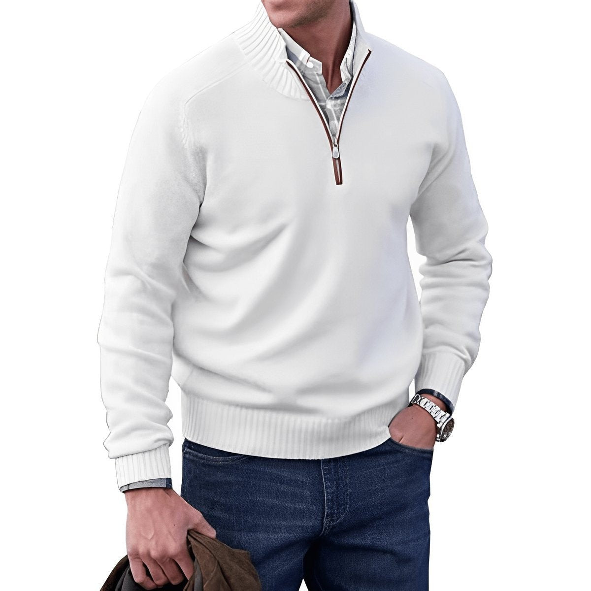 White quarter-zip jumper with ribbed collar and brown zip trim