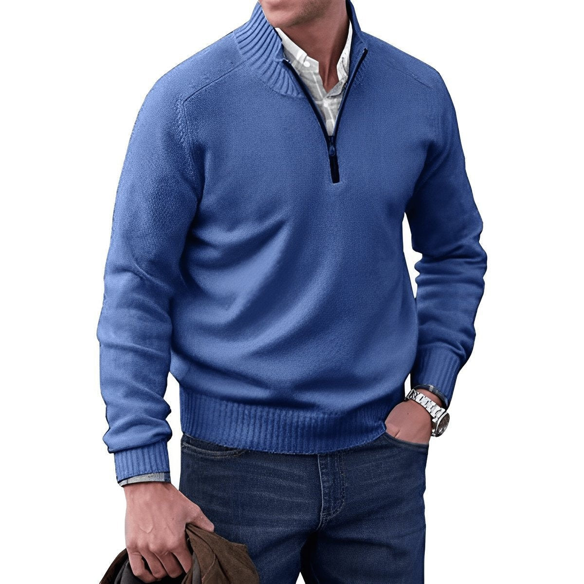 Denim blue quarter-zip knitted jumper with ribbed trim details