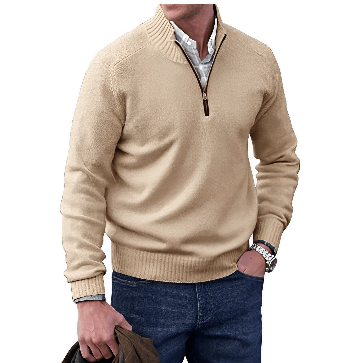 Beige knitted quarter-zip jumper worn over checked shirt