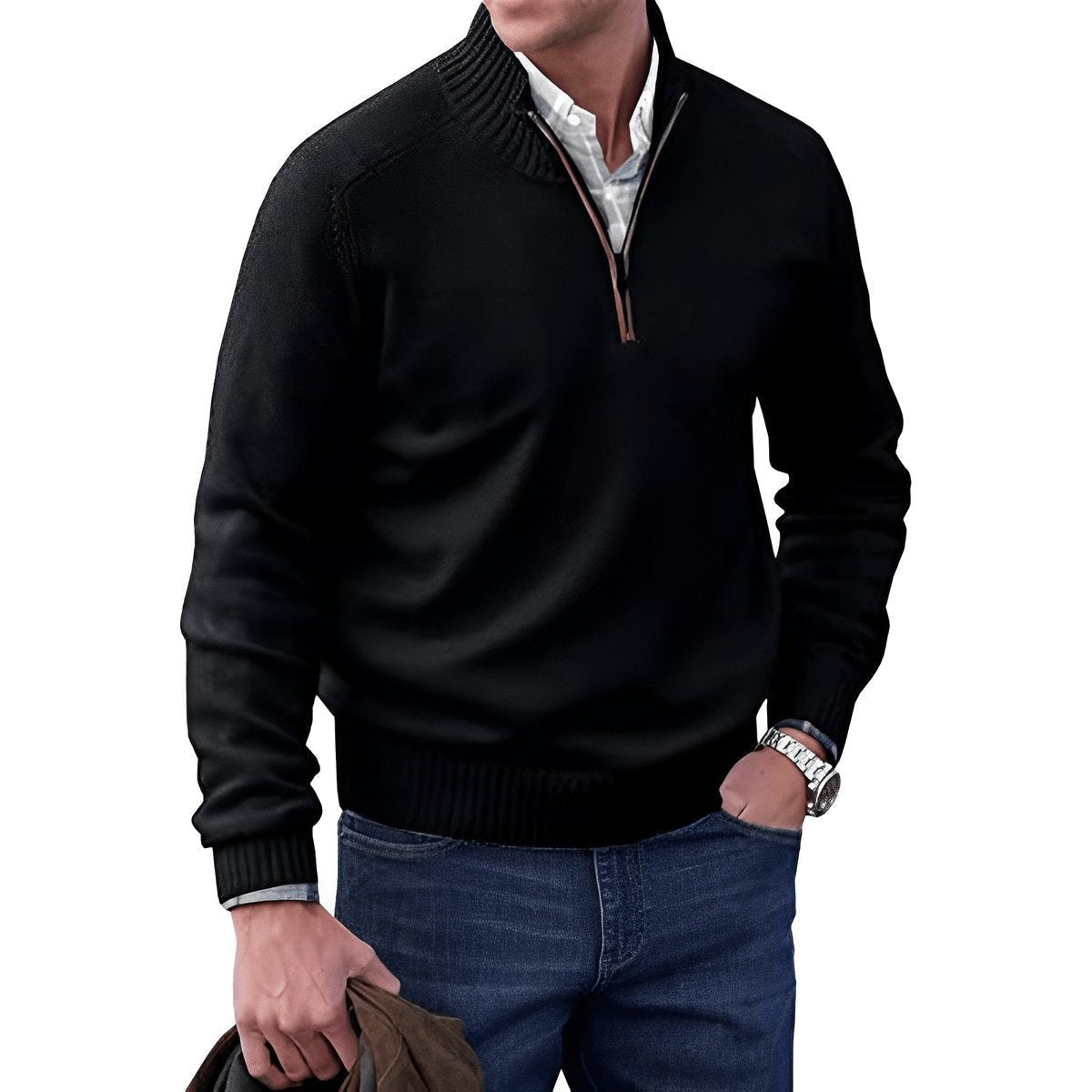 Black ribbed quarter-zip pullover with contrast leather zip pull